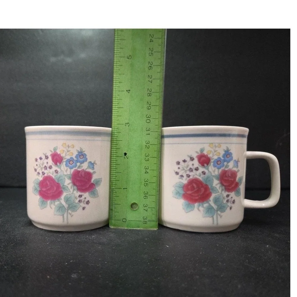 Gibson Style Stoneware Coffee Cups, Purple Blue‎ Rose Design Mugs, Set of 2, Vtg